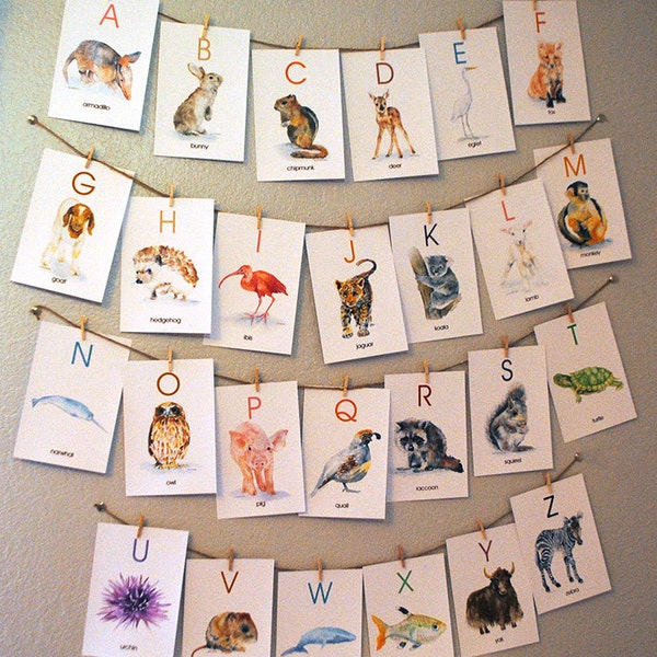 Animal Alphabet Flash Cards - Watercolor Animals - ABC - Watercolor Flash Cards - A-Z