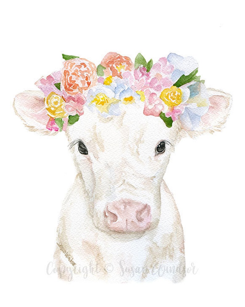 Baby Cow Calf with Floral Crown Watercolor Painting Fine Art Giclee Reproduction Nursery Wall Decor UNFRAMED image 2