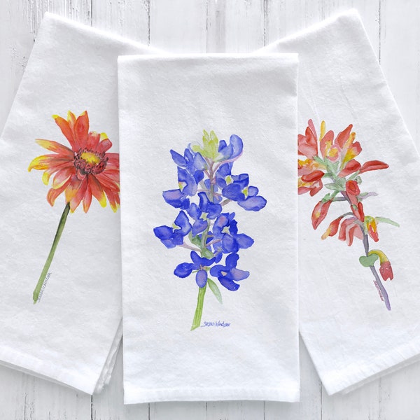 Texas Wildflower Watercolor Flour Sack Tea Towels Set of 3 Hostess Kitchen Gift