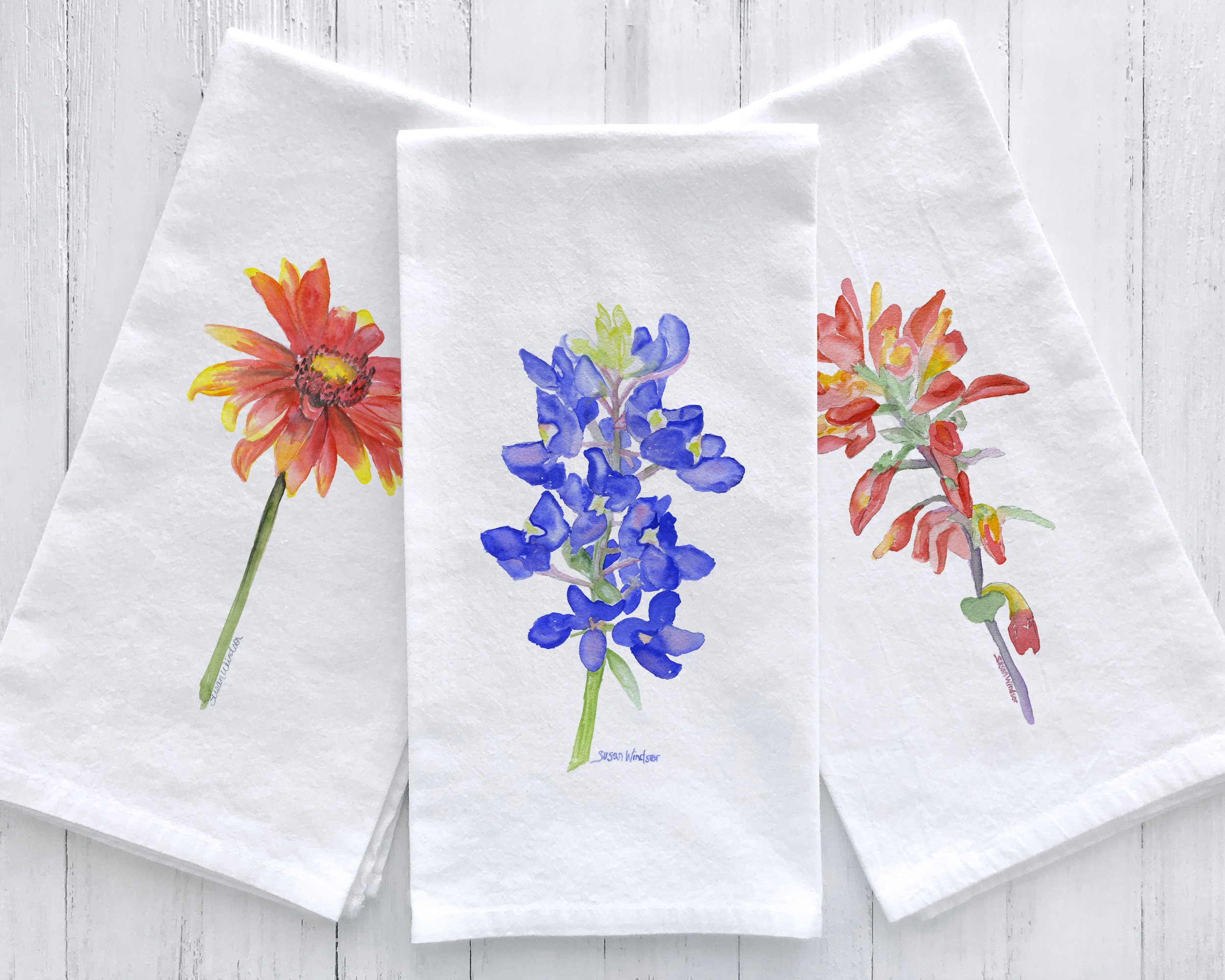 Texas Wildflower Watercolor Flour Sack Tea Towels Set