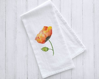 Orange Poppy Flower Watercolor Flour Sack Tea Towel