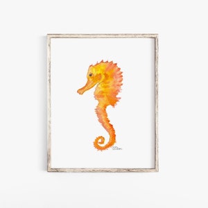 Seahorse Watercolor Painting Giclee Print - Summer Beach Painting - Orange Sea Life Creature UNFRAMED