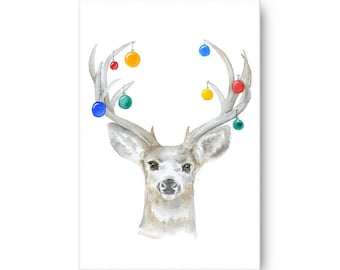 Christmas Deer Gallery Wrapped Canvas Print - 24"x36" Woodland Animals - Watercolor Christmas Art Ornaments