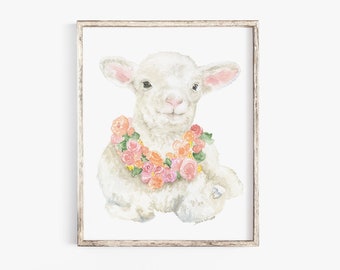 Lamb Floral Watercolor Painting Giclee Print Fine Art Nursery Print Girls Room UNFRAMED