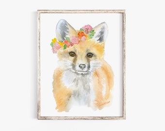 Fox Floral Wreath Watercolor Painting Fine Art Giclee Reproduction - Woodland Animal Art Print UNFRAMED