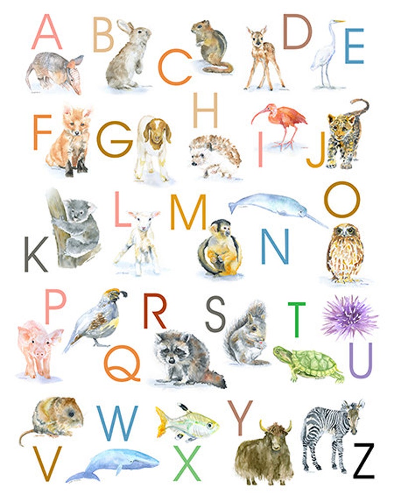 Animal Alphabet Large Poster Vertical Format Watercolor Animals Nursery Art ABCs Kids Room Children's Art UNFRAMED image 1