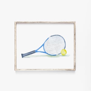 Tennis Ball and Racket Watercolor Large Poster Art Print UNFRAMED image 1