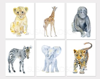 Jungle Animal Watercolor Art Prints - Set of 6 - Safari Wall Decor - Nursery or Childrens Room UNFRAMED