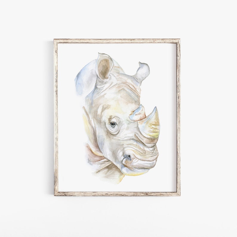 Peinture aquarelle rhinocéros grande affiche imprimée Giclée sans cadre image 1