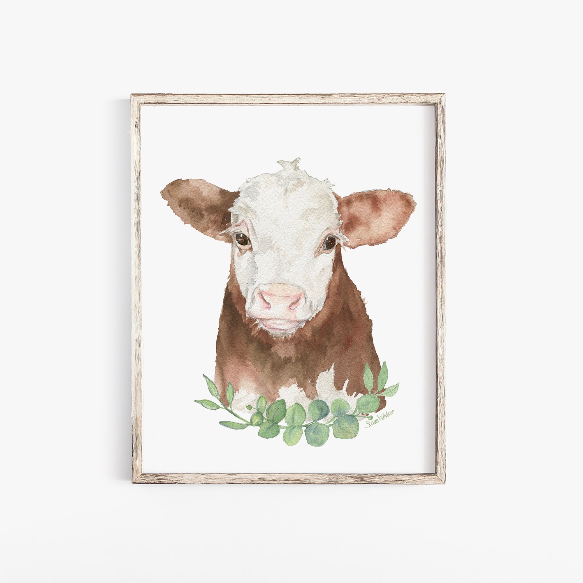 Hereford Cow Calf With Eucalyptus Watercolor Painting Fine