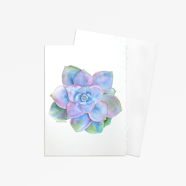 Blue Succulent Watercolor Painting Greeting Card - 5 x 7