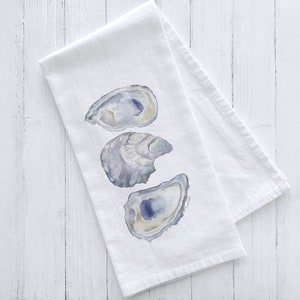 Three Oysters Watercolor Flour Sack Tea Towel