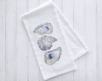 Three Oysters Watercolor Flour Sack Tea Towel