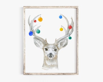 Christmas Deer Watercolor Painting Large Poster Vertical Format - Watercolor Christmas Art - Christmas Ornaments Wall Art Decor