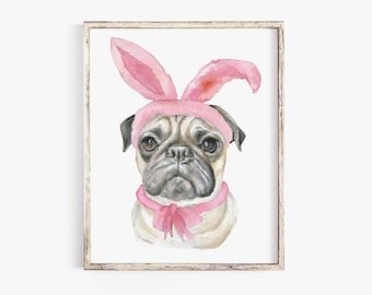 Easter Pug with Bunny Ears Fine Art Giclee Print Reproduction UNFRAMED