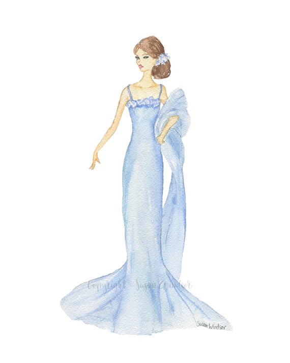 Blue Ball Gown Brunette Princess Dress Watercolor Fashion - Etsy