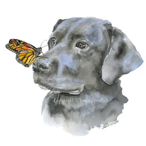 Black Labrador and Monarch Butterfly Watercolor Painting Giclee Print Reproduction UNFRAMED image 2