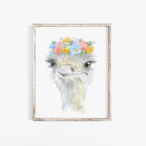 Ostrich Floral Watercolor Painting 8 x 10 Fine Art Giclee Reproduction - Animal Springtime African Bird Art Print 8.5 x 11 UNFRAMED