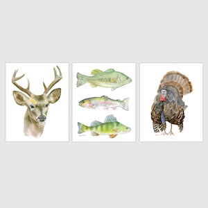 Outdoors Animal Watercolor Paintings Art Print Set - Hunting Fishing Unframed
