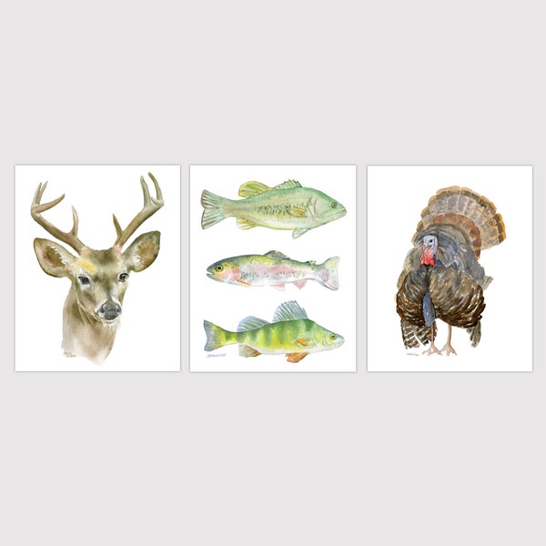 Outdoors Animal Watercolor Paintings Art Print Set - Hunting Fishing Unframed