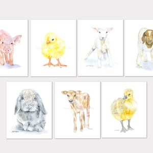 Farm Animal Watercolor Art Prints - Set of 7 Farmhouse Nursery or Childrens Room Decor Unframed