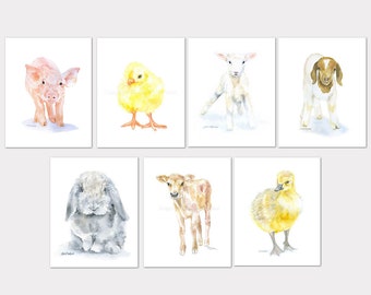 Farm Animal Watercolor Art Prints - Set of 7 Farmhouse Nursery or Childrens Room Decor Unframed