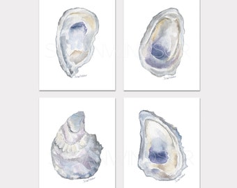 Oyster Watercolor Giclee Fine Art Prints - Set of 4 Nautical Coastal Unframed