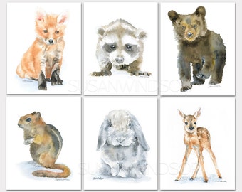 Watercolor Animal Art Prints - Set of 6 - Fox Raccoon Bear Chipmunk Rabbit Deer - Nursery Childrens Room PORTRAIT-Vertical Orientation