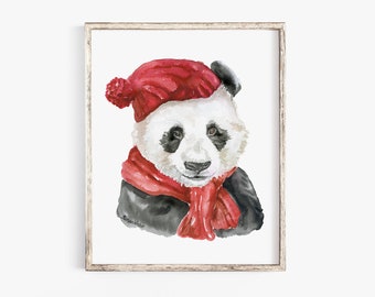 Panda Bear with a Red Hat and Scarf - Watercolor - 8x10 / 8.5x11 - Giclee Reproduction Fine Art Print UNFRAMED