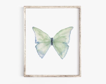 Green Pastel Butterfly Watercolor Painting Giclee Art Print Unframed