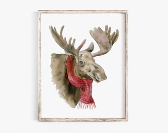 Moose in a Scarf Watercolor Painting Giclee Print - Lodge Christmas Art Unframed