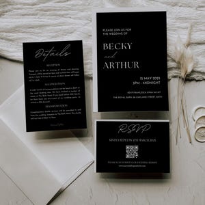 Black White Minimalist Wedding Invite Bundle Qr Code, Invitation Template Set, Modern Invite Suite, Elegant Online Rsvp, Details Card LG10