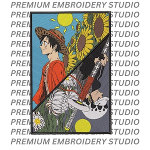 Op de afbeelding: Geborduurde patch met twee anime-personages. Eén kant toont een personage met een strohoed, zonnebloemen en een zon. De andere kant toont een personage met een zwaard. De tekst "PREMIUM EMBROIDERY STUDIO" is rond de patch gedrukt.