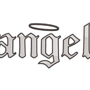 May include: Embroidered patch with the word "angel" in a gothic font, and a halo above. The design uses grey and white, suitable for clothing or accessories. Ideal for customising items.