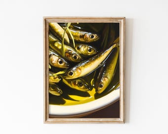 Vintage Sardines Print for Kitchen Decor, Pastel Fish Printable Download, Sea food Poster, Antique Dining Room Decor Neutral Costal Art QB78