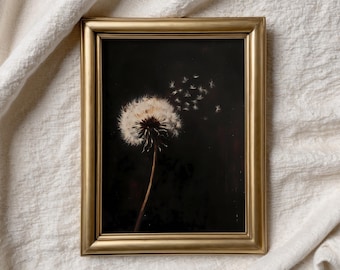 Dandelion, Antique Oil Painting, Moody Wall Art, Vintage Floral Wall Art, Dark Floral Decor Dark Academia Décor, Gothic Floral Wall Art QB10