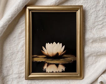 Water Lily Antique Oil Painting, July Birth Flower Print, Dark Floral Decor, Marsh Flower Dark Academia Décor, Gothic Floral Wall Art QB61