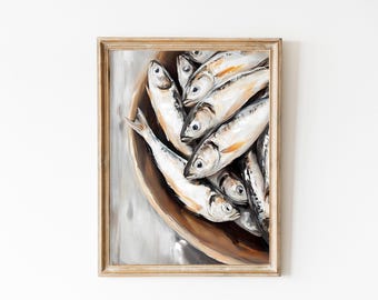 Vintage Sardines Printable Art for Kitchen Decor, Pastel Fish Oil Painting, Retro Nautical Print, Food Poster, Trendy Seafood Art  QB76