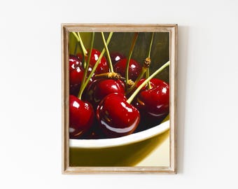 Vintage Cherry Art Print,  Close Up Spring Cherry Arte, Retro Kitchen Print, Trendy Cherries Print Kitchen Decor, Rustic Fruits Poster QB75