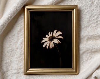 Daisy Antique Oil Painting, April Birth Flower Print, Dark Floral Decor, Wildflower Print, Dark Academia Décor, Gothic Floral Wall Art QB55