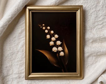 Lily of the Valley Antique Oil Painting, May Birth Flower Print, Dark Floral Decor, Marsh Flower Dark Academia Décor, Gothic Floral Art QB72