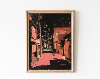 Impresión de calle nocturna japonesa, arte mural de Tokio con un ambiente melancólico, decoración de callejón de neón urbano, póster digital de paisaje urbano, estética de anime imprimible QB106