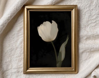 Tulip Artful Print, Moody Tulip Painting, Vintage Flower Print Danish Pastel Antique Botanical Art Printable Dark Floral Farmhouse Decor QB4
