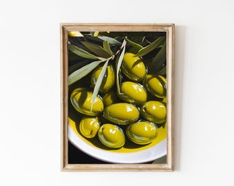 Sage Green Olives Painting, Olives Bowl Rustic Cottage Art, Vintage Coquette Mediterranean Painting, Cottage Core Poster Kitchen, QB79
