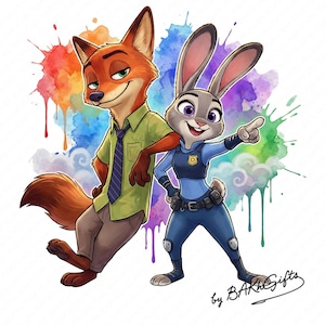 Könnte beinhalten: Illustration von Nick Wilde, einem Fuchs, und Judy Hopps, einem Kaninchen, aus Zoomania. Nick trägt ein grünes Hemd und Krawatte, Judy eine Polizeiuniform. Der Hintergrund zeigt bunte Aquarellfarbspritzer und den Text "by BAKA Gifts".