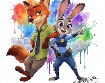 Zootopia PNG, diseño de sublimación de Nick y Judy, imágenes prediseñadas de animales de dibujos animados divertidos, descarga digital de Zootopia Friends para camisetas y sudaderas.