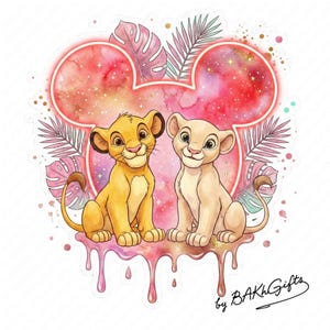 May include: A vibrant sticker showcasing Simba and Nala from The Lion King. The design incorporates a pink and red Mickey Mouse head shape, tropical leaves, and a dripping pink paint effect. The sticker is signed "by BAKhGifts."