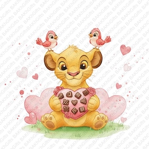 Puede incluir: Ilustración en acuarela de un cachorro de león sosteniendo una caja de bombones en forma de corazón. Dos pájaros se posan en su cabeza, con corazones rosas y detalles de hierba. Un diseño lindo y caprichoso.