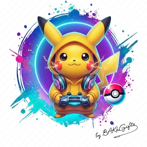 Puede incluir: Ilustración digital de Pikachu con una sudadera con capucha amarilla, auriculares y un mando de videojuegos. El fondo presenta un círculo azul neón y salpicaduras de pintura coloridas. Una Pokeball está a la derecha.