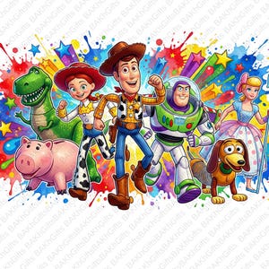 Puede incluir: Ilustración colorida con personajes de la película animada Toy Story. La imagen muestra a Woody, Buzz Lightyear, Jessie, Rex, Hamm, Slinky Dog y Bo Peep, sobre un fondo vibrante con estrellas.